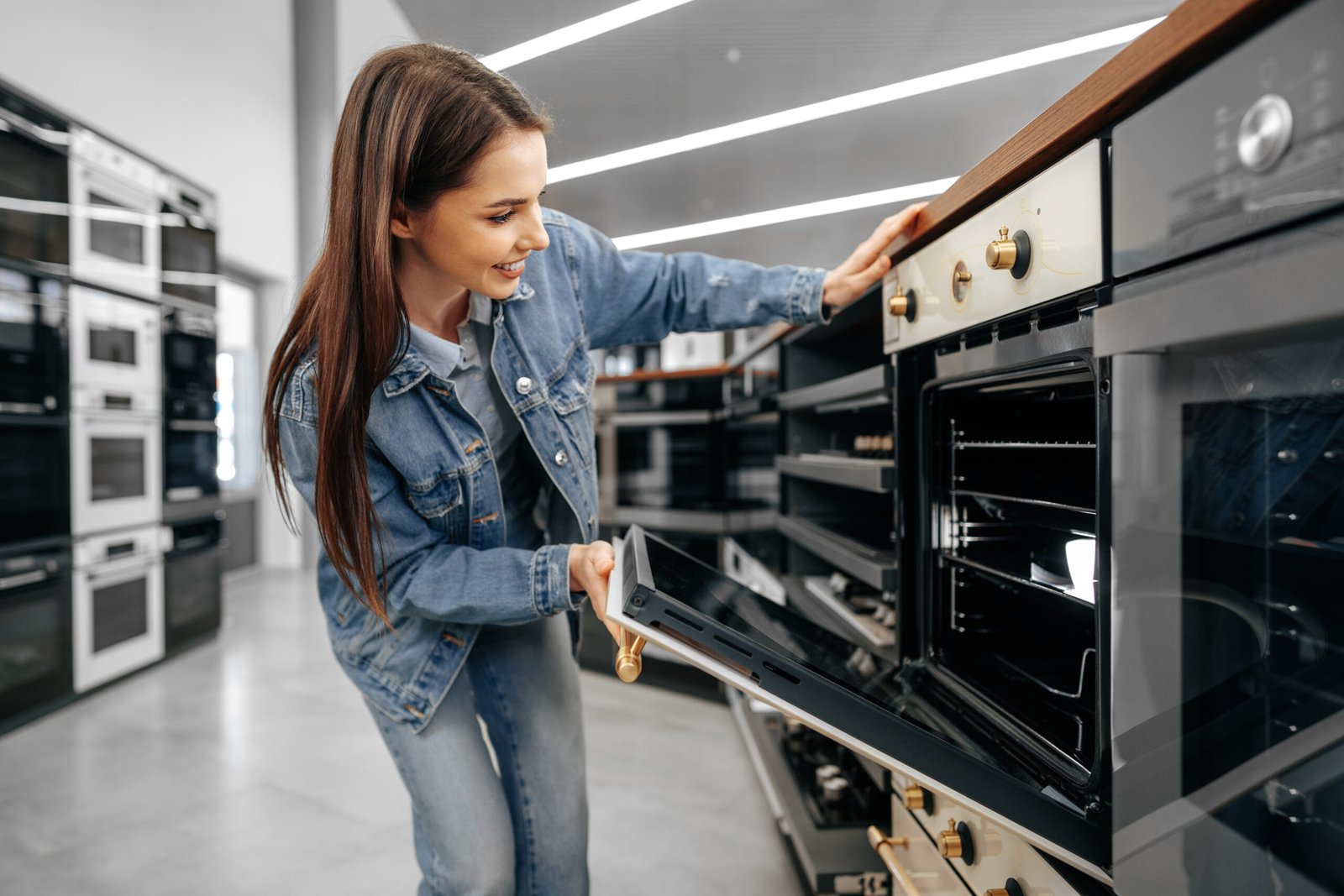 Young woman looking for new electric oven in a shopping mall, close up