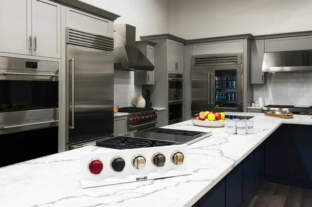 Synergy Home Appliance showroom in Burlington, MA featuring Sub-Zero and Wolf live kitchen displays