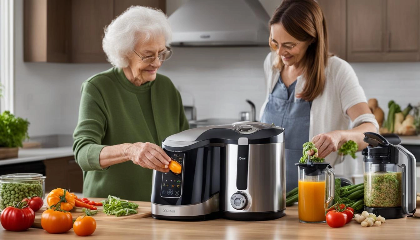 Smart kitchen appliances with voice controls and easy-access features designed for aging in place and independent living.
